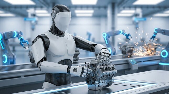 Humanoid robot assembling a sophisticated mechanical engine in a futuristic automated factory