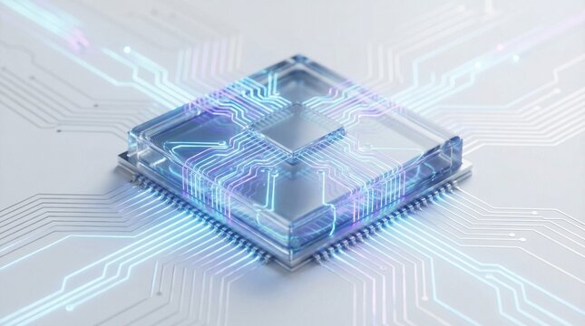 Futuristic 3D Microprocessor with Glowing Blue and Purple Circuitry on a White Background, Artificial Intelligence and Digital Technology Concept