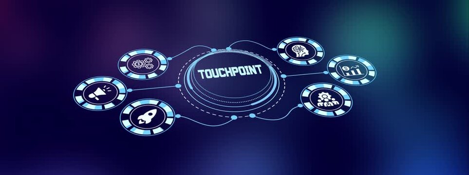 Customer touchpoint strategy concept with digital interface dashboard, marketing analytics icons and connected data system.