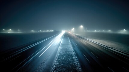 Obraz premium Foggy Night Highway with Blurred Lights and Soft Glow from Streetlights Capturing the Essence of Mystical Atmospheric Roadway in Urban Environment