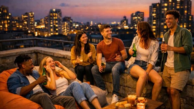 Group of happy smiling cheerful positive people talk communicate chat with each other on rooftop outdoors.
