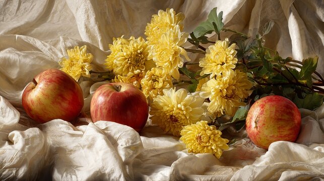 Bright apples sit on crinkled white fabric, next to yellow mums and a leafy stem.