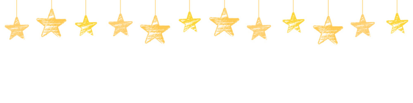 Hanging stars border. Doodle stars  in crayon style. Vector decorative background, chalk textured.