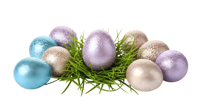 A collection of colorful Easter eggs in a nest on transparent background