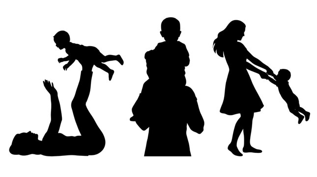 Silhouette of family moments - Father and mother playing with their little child. Three different situations, playing in air, riding on shoulders, spinning around