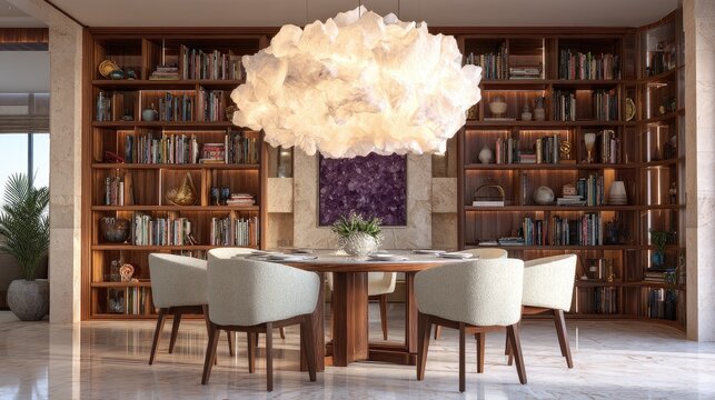Elegant modern dining room with bookshelves, contemporary light fixture, and stylish furniture in a luxurious interior design setting