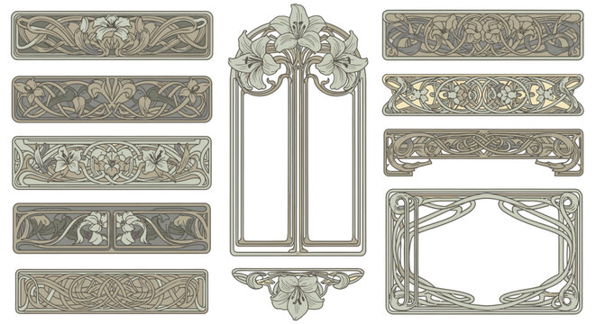 Art Nouveau Botanical Vector Borders and Elegant Vintage Frames
