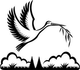 Flying stork carrying branch above trees and bushes black and white bird silhouette, nature peace and new life symbol illustration