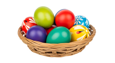 A wicker basket filled with colorful Easter eggs on transparent background