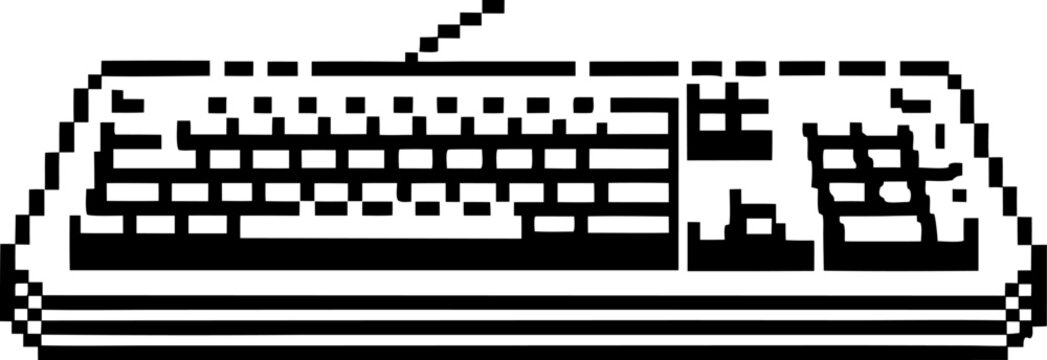 Retro pixel art computer keyboard with cable isolated on white background, minimalist monochrome digital interface nostalgia design