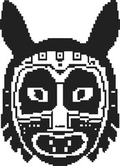 abstract tribal mask design with geometric patterns and expressive facial features in monochrome