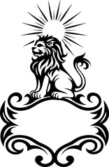 Heraldic lion emblem with radiant sun above ornate shield frame, decorative vintage design