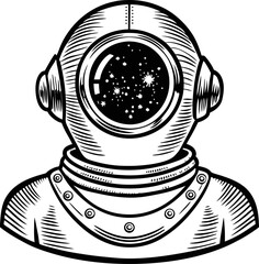Vintage deep sea diver helmet with starry galaxy reflection, retro underwater exploration equipment illustration