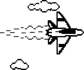 Pixelated airplane flying fast through clouds with trailing motion effect, retro digital art