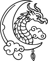 Dragon coiled around crescent moon with decorative clouds and hanging charm line art illustration