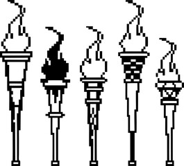 pixel art torches with flames in various designs black and white digital icons for fire, lighting, and medieval themes