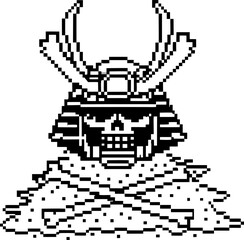 Pixel art samurai helmet with skull face and crossed bones in retro 8 bit