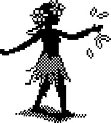 Pixelated hawaiian hula dancer silhouette with flower lei and grass skirt, vintage 8 bit artwork