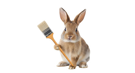 Obraz premium A cute rabbit holding a paintbrush on transparent background