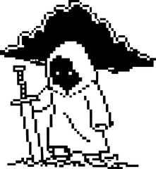 Pixel art character wearing wide brimmed hat and cloak, holding sword in black and white