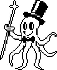 Pixel art octopus wearing a top hat and bow tie holding a magic wand character illustration