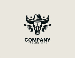 Fototapeta premium Western longhorn skull with cowboy hat and revolver elements in clean modern vector illustration