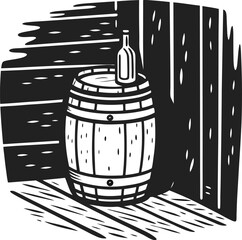 Wooden barrel with bottle on top standing in a rustic corner with wooden walls and floor, vintage cellar design