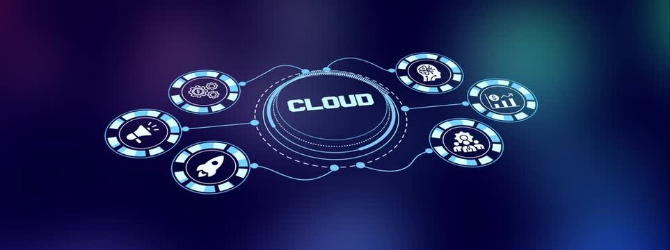 Cloud computing concept with digital infrastructure interface, data storage analytics and technology integration icons.