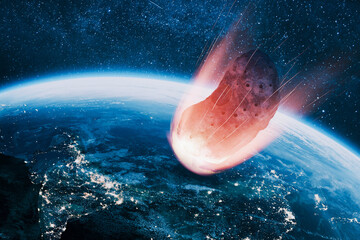 large meteoroid falling towards Earth. Cinematic view of a burning space rock with motion trails against the planet's horizon, highlighting cosmic hazards and astronomy. © alones