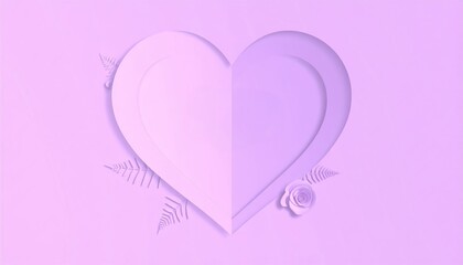 Purple heart shape with rose and leaves on pink background