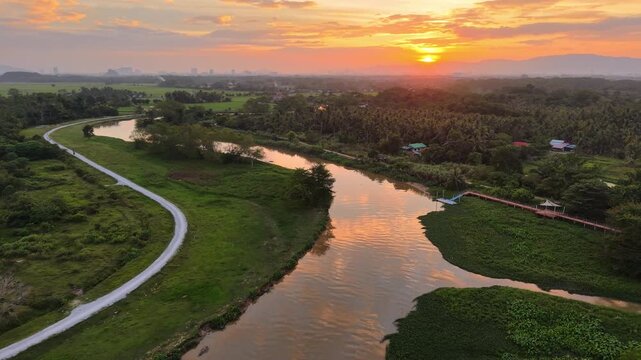 Labuh Banting River Sunset Drone View Over Countryside