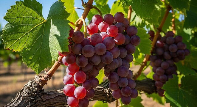 fresh red grapes cluster growing on vine in vineyard with green leaves.