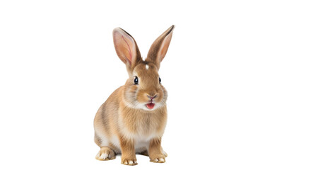 A cute brown rabbit sitting on transparent background with its mouth open