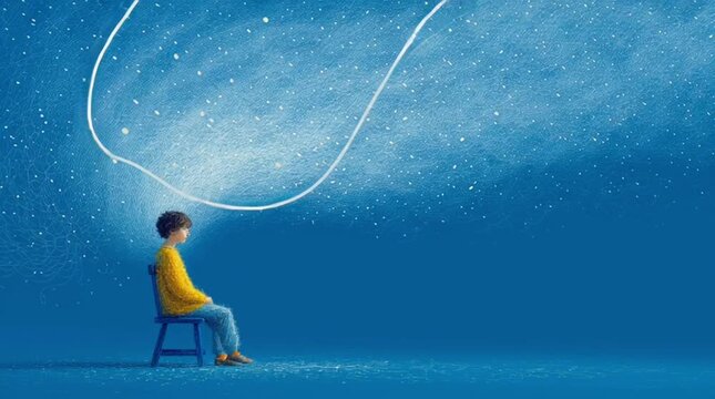 Child in yellow sweater sits on chair, dreaming with starry thoughts above