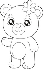 Cute Teddy Bear with Flower Headband Coloring Page for Kids. Fun and Printable Activity Sheet for Girls.