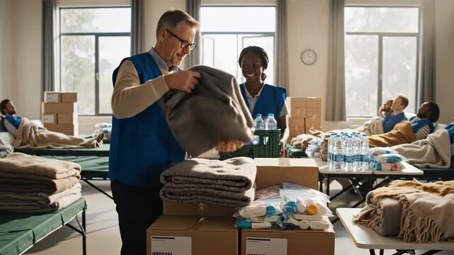 Volunteers organize supplies in a temporary shelter with people resting on cots