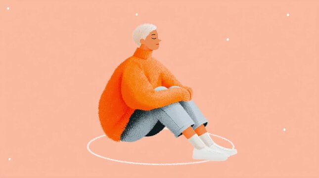 Woman in orange sweater sits in a circle on a peach background, relaxed posture