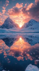 Naklejka premium The sunset over snow-capped mountains, reflected in calm waters, conveys the grandeur of untouched nature — a fitting backdrop for presentations on ecology, travel, or meditative applications.
