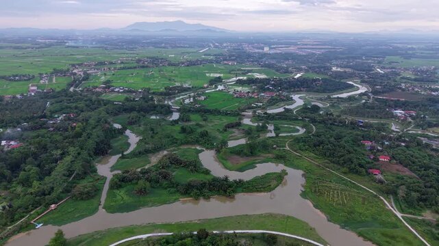 Aerial View Labuh Banting River Meanders and Rice Fields