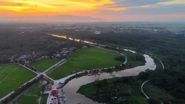 Labuh Banting Riverbend Sunset Aerial Over Rice Fields