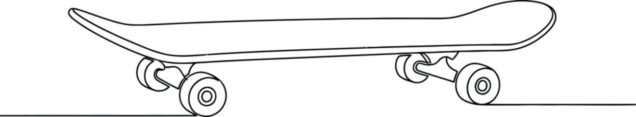 Continuous line drawing of a skateboard on a white background with wheels and trucks © AbuHuraira