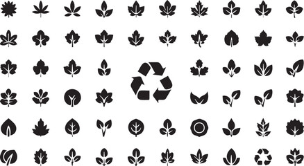 Obraz premium Collection of various leaf silhouettes and recycling symbols for eco-friendly and sustainable design concepts