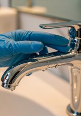 Hand with blue protective glove turning a chrome faucet on above a white sink. Hygiene, health and sanitation concept for medical.