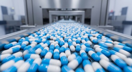 Obraz premium Blue and white pharmaceutical capsules moving along a conveyor belt in a modern factory setting, representing medicine production process.