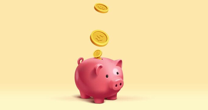 Saving money and investing. Moving banner with 3D piggy bank with falling gold coins. Economics and Personal Budget Management. Making profit or income. Realistic graphic animated cartoon