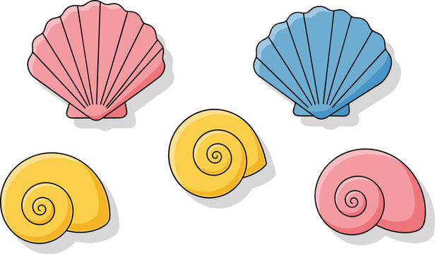 Colorful sea shell icon set. Scallop and spiral shells in flat cartoon style. Cute marine elements isolated on transparent background.