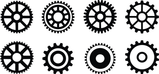 Industrial Cogwheel Gear Silhouette Icon Set Mechanical Machinery Engineering Parts Vector Collection Black Isolated Design Elements Pack