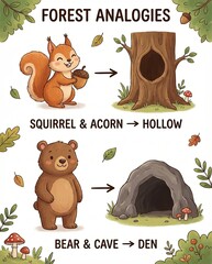 Fototapeta premium authentic human lifestyle concept Forest Analogies: Educational Chart for Kids with Cute Cartoon Squirrel and Bear Illustrations modern commercial stock usage