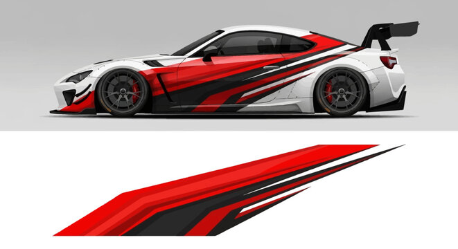 Red and black racing sports car with dynamic decal design in a sleek contemporary style.
