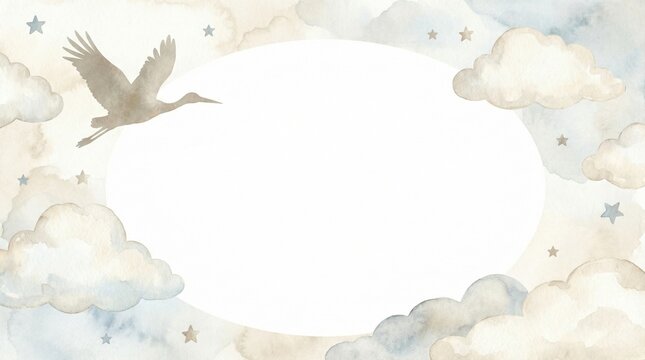 Watercolor stork flying with clouds and stars background. Neutral baby shower or birth announcement template with copy space.